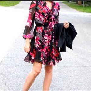 🆕 Kirna Zabete for Target Floral Chiffon Red & Black Long Sleeve Dress, Size S